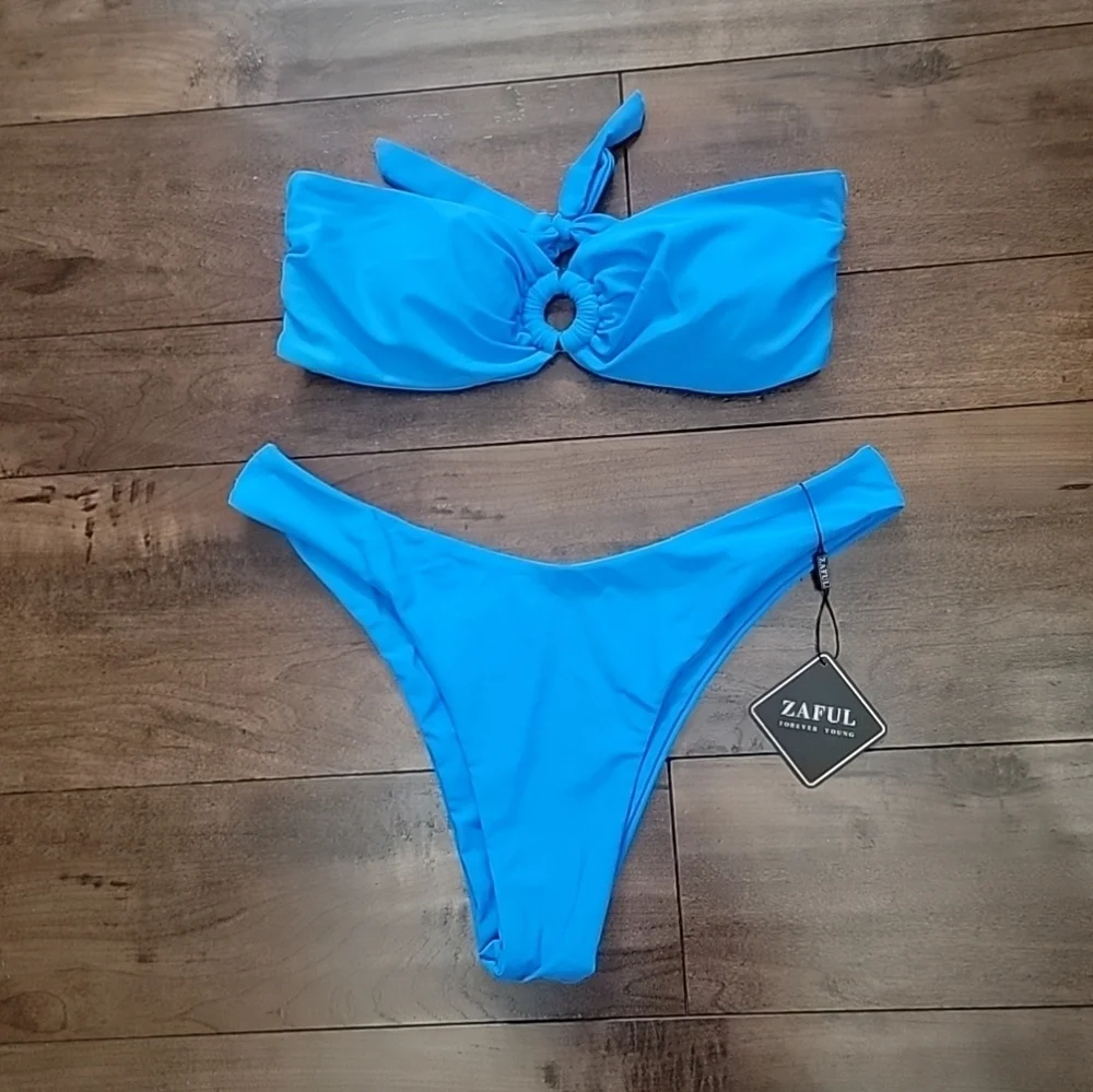 ZAFUL Bikini O-Ring Set Size Small Bandeau Strapless Padded Blue